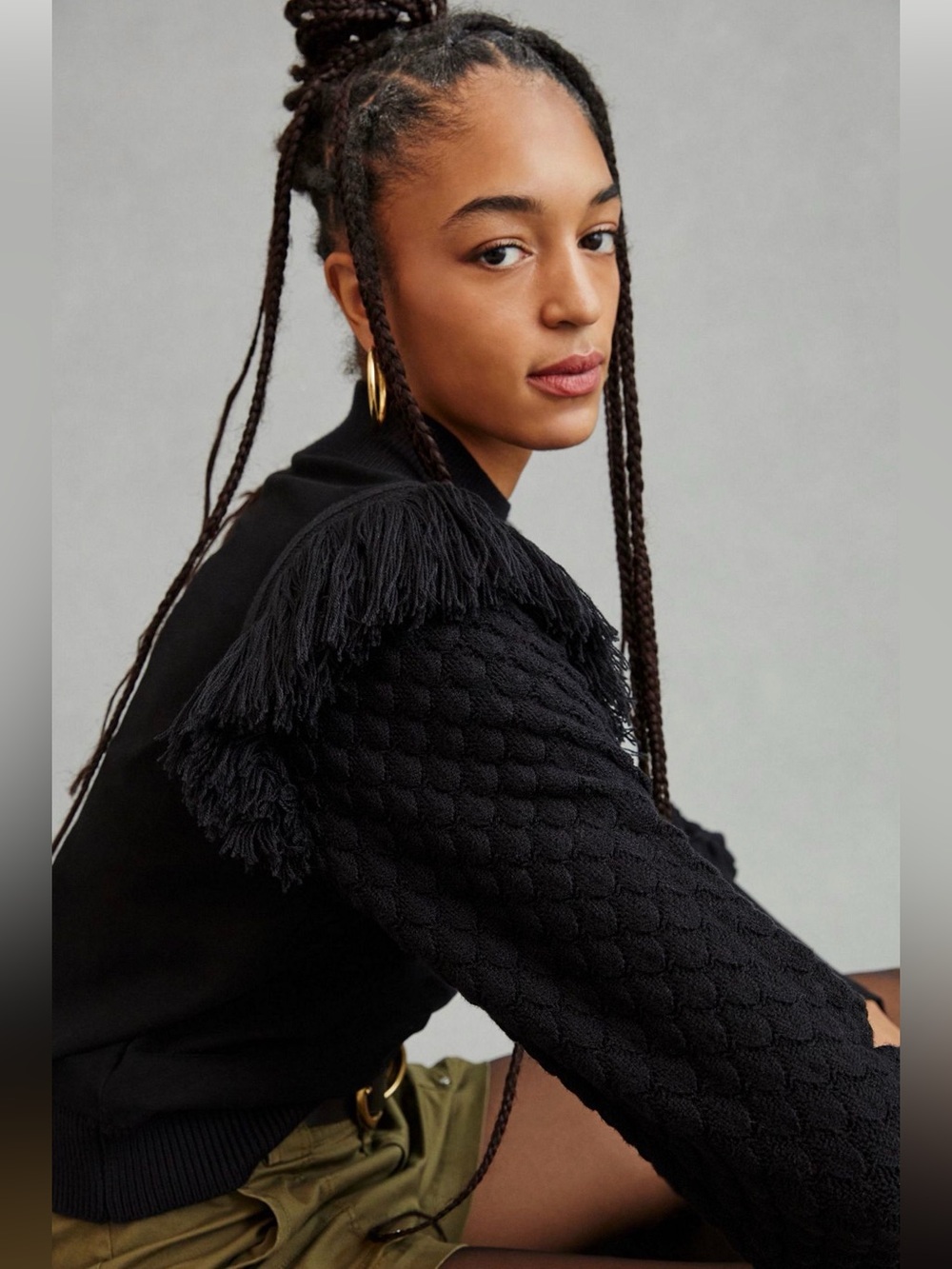 🖤 ANTHRO: Dolan Black Fringe-Shoulder Crewneck Sweater 1X